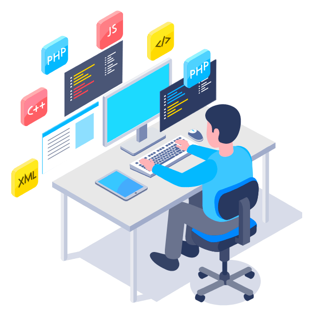 Illustration of a developer coding at a desk